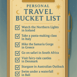Illustrated travel bucket list on a clipboard with celestial symbols, listing destinations like Iceland, Italy, Greece, South Africa, Denmark, Australia, and Bali, with checkboxes next to completed experiences.