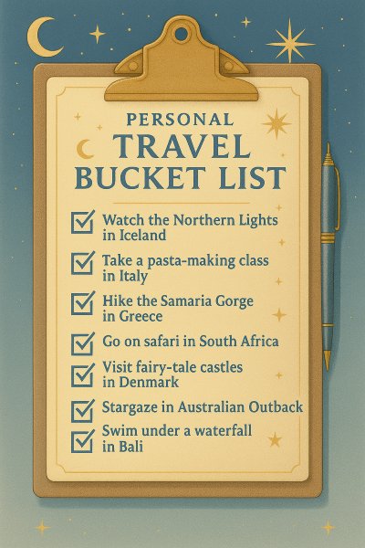 Illustrated travel bucket list on a clipboard with celestial symbols, listing destinations like Iceland, Italy, Greece, South Africa, Denmark, Australia, and Bali, with checkboxes next to completed experiences.